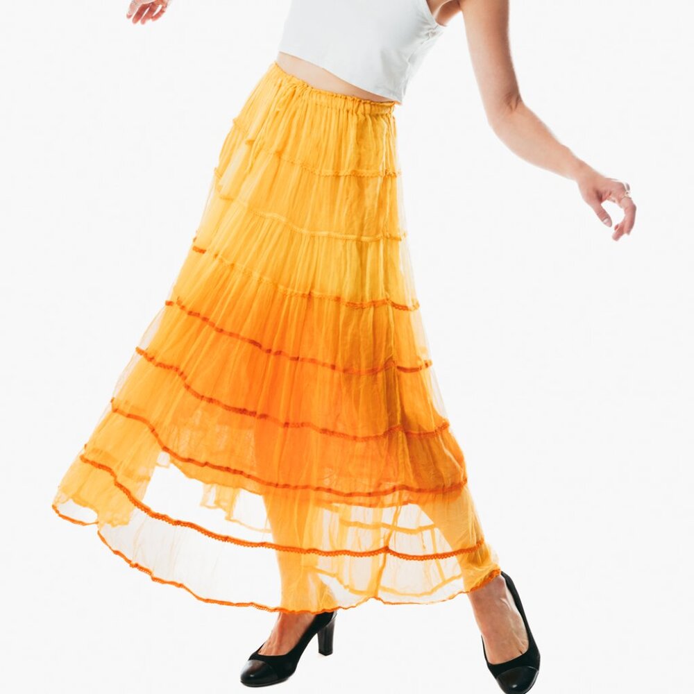 Summer Elastic Waist orange maxi Skirt Cotton Casual Loose Skirts A-line Pleated
